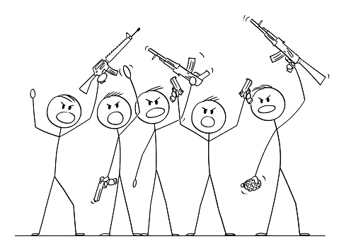 Vector Cartoon Illustration of Group of Soldiers or Armed People with Guns Demonstrating or Brandish with Pistols and Rifles