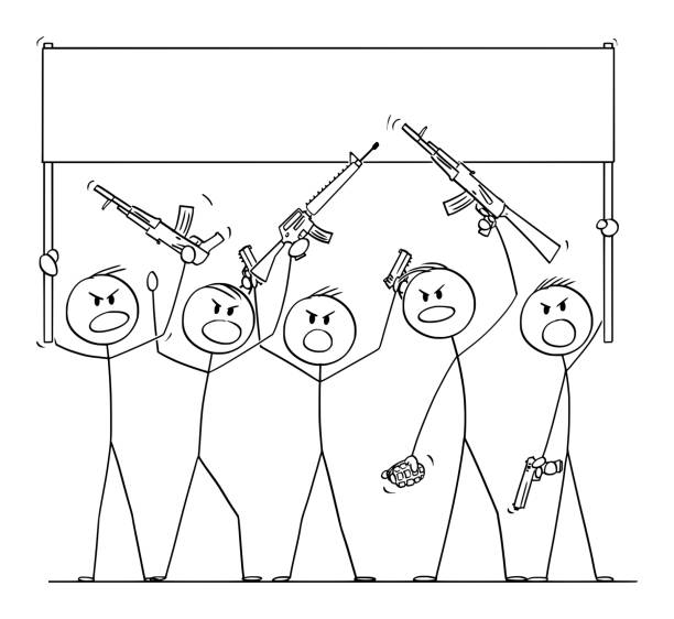 Vector Cartoon Illustration of Group of Soldiers or Armed People with Guns Demonstrating or Brandish with Pistols and Rifles Holding Empty Sign Vector cartoon stick figure drawing conceptual illustration of group or crowd of soldiers, or armed people with guns demonstrating or brandish with pistols and rifles and holding empty sign. militia stock illustrations