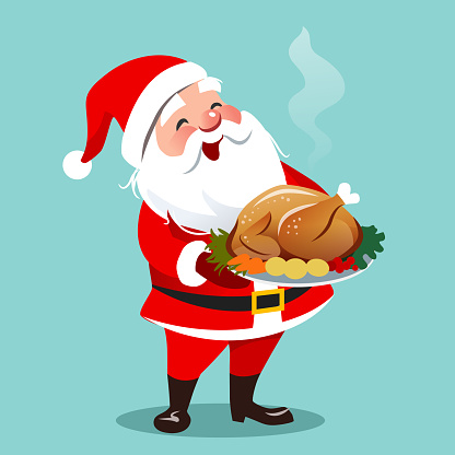 Vector cartoon illustration of happy smiling Santa Claus standing holding roasted turkey with vegetables on a platter.  Christmas theme flat contemporary design element template for cards, banners.