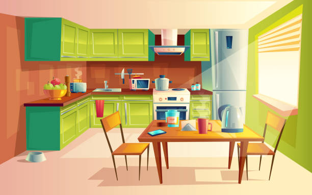 Vector cartoon illustration of kitchen interior Vector cartoon illustration of cozy modern kitchen with appliances, fridge, stove, toaster, microwave, kettle. Comfortable and clean dining-room, interior inside, concept with furniture and tableware kitchen backgrounds stock illustrations