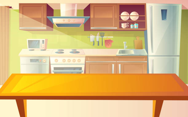 Vector cartoon illustration of kitchen interior Vector cartoon illustration of cozy modern kitchen with dinner table and household appliances, fridge, stove, microwave, exhaust hood. Comfortable, clean dining-room, with tableware, interior inside kitchen backgrounds stock illustrations
