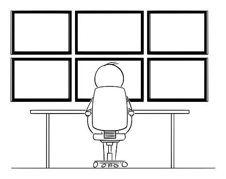 Vector Cartoon Illustration of Man, Hacker or Businessman Sitting in Front of Six Computer Monitors Mounted on Wall