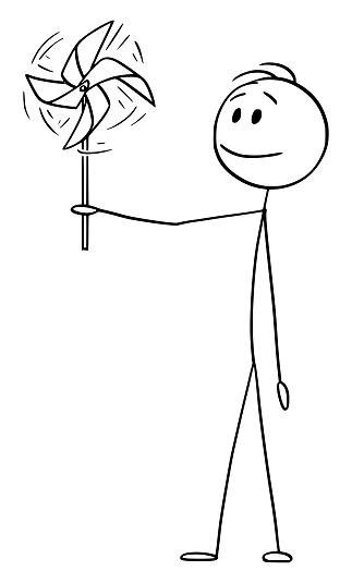 Vector Cartoon Illustration of Man Holding Pinwheel or Windmill. Concept of Wind Energy