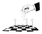 Vector cartoon stick figure drawing conceptual illustration of man moved by giant hand in suit as chess piece on chessboard. Concept of control and freedom.