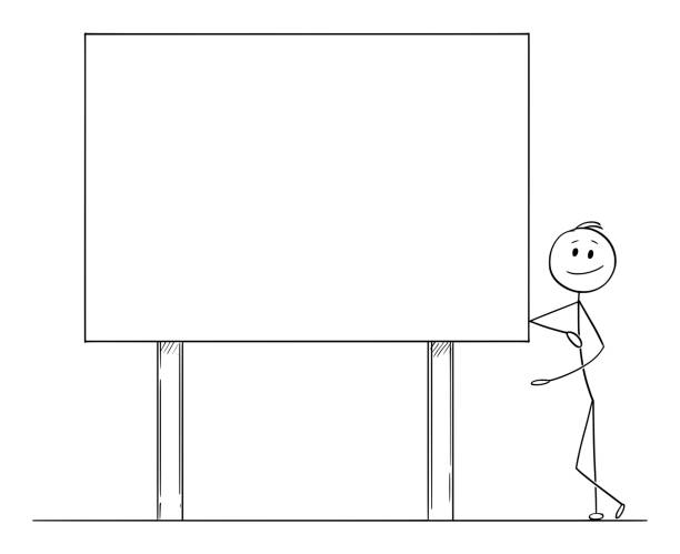 Vector Cartoon Illustration of Man or Businessman Leaning Towards and pointing at Empty Billboard Vector cartoon stick figure drawing conceptual illustration of man or businessman leaning towards and pointing at big empty billboard ready for your text. businessman borders stock illustrations