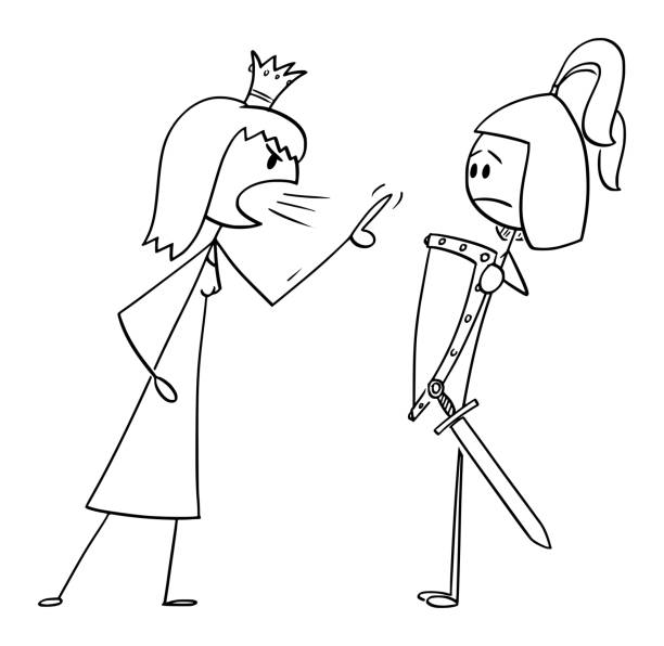 Vector Cartoon Illustration of Queen or Princess Yelling at Knight or Warrior or Prince.Relationship Problem. Vector cartoon stick figure drawing conceptual illustration of princess or queen yelling angry at prince or warrior in armor. Concept of relationship problem. drawing of fighter planes stock illustrations