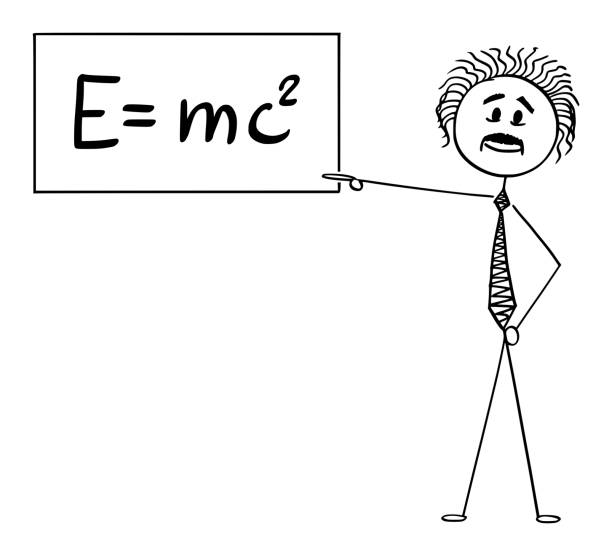 Vector Cartoon Illustration of Scientist  or Physicist  Pointing at Sign with E Equals mc2 Equation of Special Relativity Theory Vector cartoon stick figure drawing conceptual illustration of scientist  or physicist  pointing at sign with E equals mc2 equation of special relativity theory. e=mc2 stock illustrations