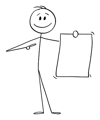 Vector Cartoon Illustration of Smiling Man or Businessman Holding and Showing Empty Paper, Document or Sign.