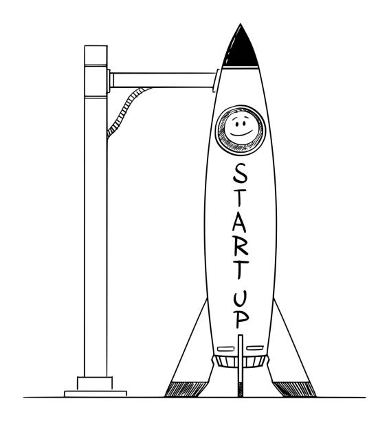 illustrations, cliparts, dessins animés et icônes de illustration de dessin animé de vecteur de fusée d'espace sur la rampe de lancement, concept d'affaires de démarrage - rampe de lancement