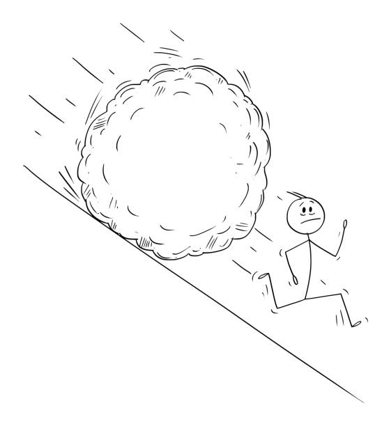 vektör karikatür i̇llüstrasyon stresli adam veya i̇şadamı boulder rolling down hill.ready your text veya image eklemeye hazır kaçan. - avalanche stock illustrations