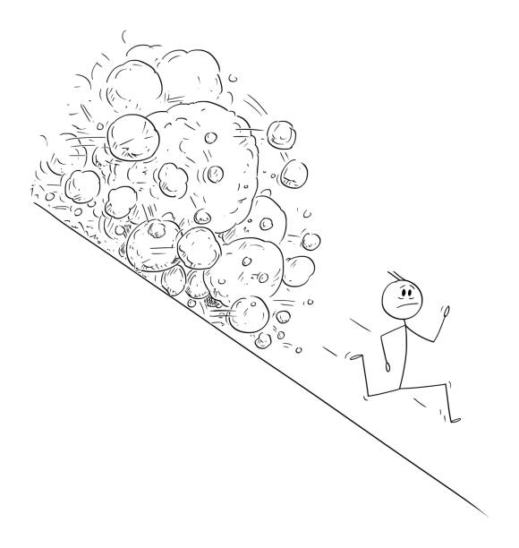 vektör karikatür i̇llüstrasyon stresli adam veya i̇şadamı boulders veya çığ rolling down hill kaçan. - avalanche stock illustrations