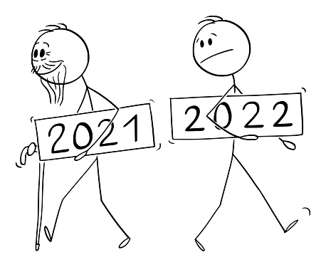 Vector Cartoon Illustration of Year 2021 as Old Man is Leaving, New Year 2022 Is Incoming