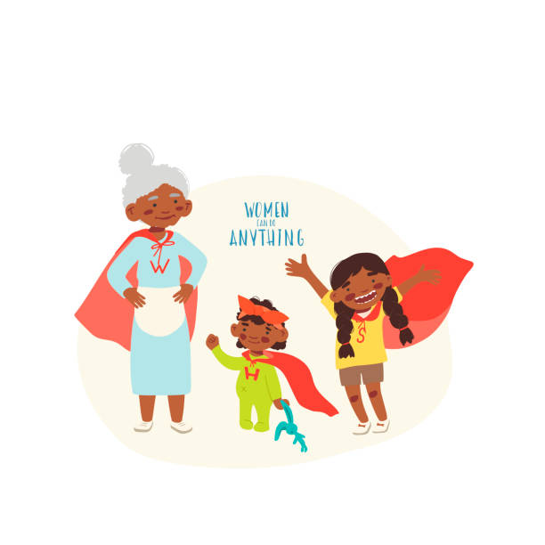 vector cartoon illustration Superhero  Grandmother and granddaughters in superheroes costume. Superpowers old woman. Afro American family. Cartoon style vector feminism concept – women can do anything for party, invitations, web, print. black superwoman stock illustrations