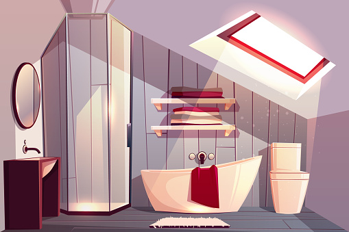 Vector cartoon interior of bathroom in attic