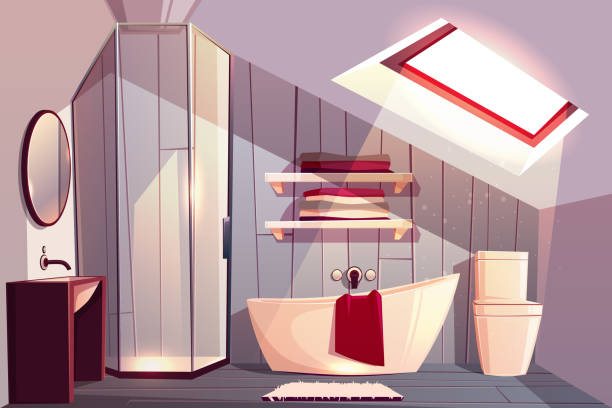 illustrations, cliparts, dessins animés et icônes de intérieur de dessin animé de vecteur de salle de bains dans le grenier - porte salle de bain