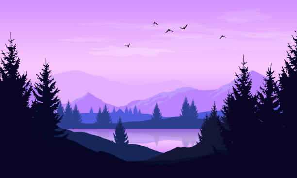 Vector cartoon landscape with purple silhouettes of trees, mountains and lake Vector cartoon landscape with purple silhouettes of trees, mountains and lake lakes stock illustrations