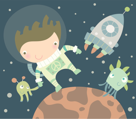 Vector cartoon of a man in space with a spaceship and aliens