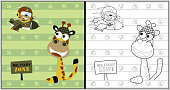 vector cartoon of animals soldier, giraffe and little bear on airplane, coloring book or page
