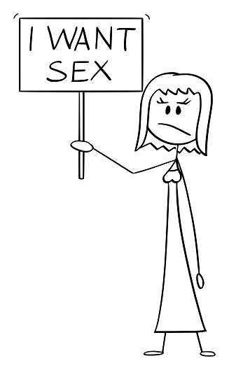 Vector Cartoon Of Frustrated Woman Holding I Want Sex Sign Stock
