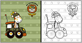 vector cartoon of funny soldiers on striped background, giraffe driving military car, coloring book or page