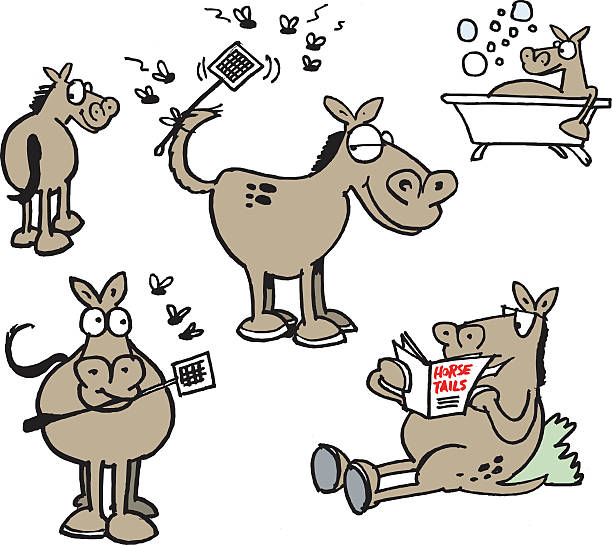 stockillustraties, clipart, cartoons en iconen met vector cartoon of group of happy horses - vliegenmepper