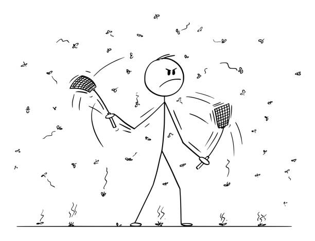 stockillustraties, clipart, cartoons en iconen met vector cartoon van man of zakenman met swatters, flappers of fly-kleppen in beide handen doden vliegen of muggen - vliegenmepper