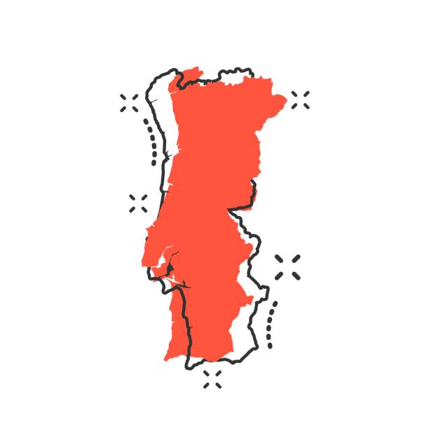wektor kreskówka portugalia mapa ikona w stylu komiksu. portugalia znak ilustracji piktogram. koncepcja efektu splash firmy kartografia mapa biznesowa. - portugal stock illustrations