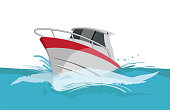Vector cartoon illustration of a motorboat crashing through the waves.