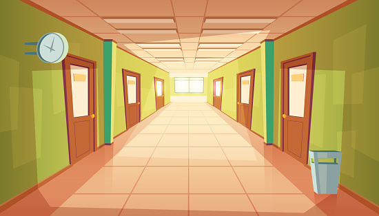 Vector cartoon school or college hallway, university corridor