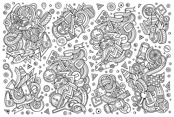 Vector cartoon set of Automobile objects Vector line art hand drawn doodle cartoon set of Automobile objects and symbols garage designs stock illustrations
