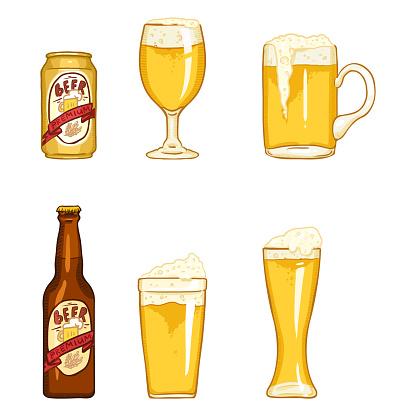 Vector Cartoon Set of Beer Glasses, Bottle and Can.