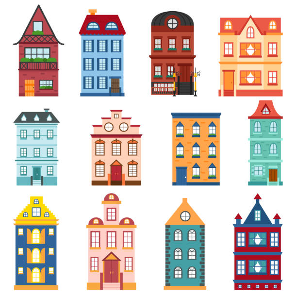 illustrations, cliparts, dessins animés et icônes de set de dessin animé de vector de maisons de ville - immeuble paris