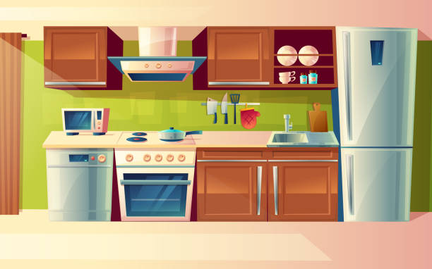 Vector cartoon set of kitchen counter with appliances. Cupboard, furniture. Household objects, cooking room interior. Vector cartoon cooking room interior, kitchen counter with appliances - washing machine, toaster, fridge, microwave, kettle, blender, stove, potholder. Cupboard furniture Household objects kitchen backgrounds stock illustrations