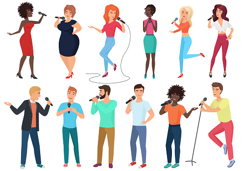 Vector cartoon singers with microphones and musicians set isolated. People singing karaoke songs.