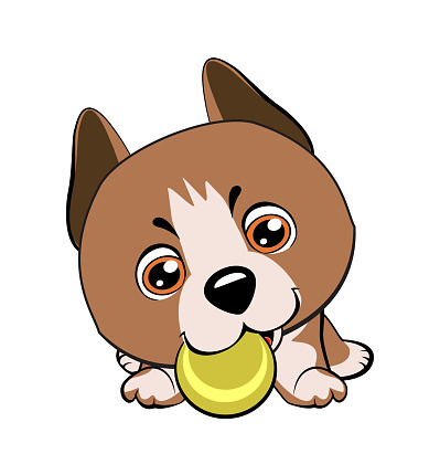 Vector cartoon style drawing of a playful puppy playing with a tennis ball.