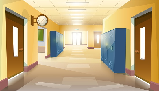 Vector cartoon style empty without pupils school hallway with doors and clock on the wall.