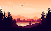 Vector cartoon sunset landscape with orange sky, silhouettes of mountains, hills and trees and lake.