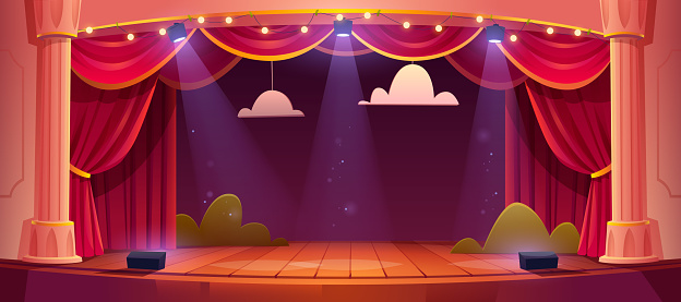 Vector cartoon theater stage with red curtains