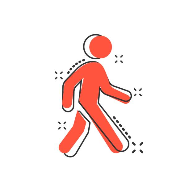 ilustrações de stock, clip art, desenhos animados e ícones de vector cartoon walking man icon in comic style. people walk sign illustration pictogram. pedestrian business splash effect concept. - trilhos pedestres