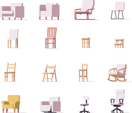 Vector low poly chairs and stools set