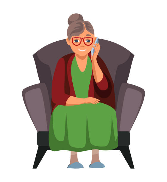 ilustrações de stock, clip art, desenhos animados e ícones de vector character elderly woman talking on phone - grandparents vertical