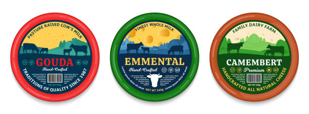 Vector cheese round labels and cheese packaging design elements Vector cheese round labels and packaging design elements. Different types of cheese detailed patterns. Dairy farm illustrations with cows and calves brie stock illustrations