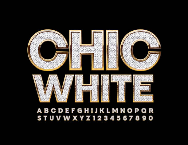 Vector Chic White Font. Stylish Silver and Gold Alphabet Premium luxury Letters and Numbers diamond stock illustrations