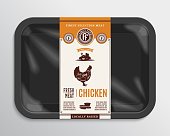 Vector meat packaging illustration. Chicken meat label. Black foam meat tray with plastic film mockup. American (US) cuts of chicken diagram.