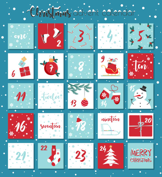 Vector Christmas advent calendar. Vector Christmas advent calendar. Winter holidays poster with dates. Cute decoration xmas day celebration. advent stock illustrations