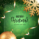 Christmas vector festive green background greeting card with text, event ball, snowflake and golden ribbons
