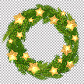 Vector Christmas decorative wreath with gold stars on transparent background