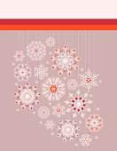 Vector Christmas greeting card on taupe background. Boho lace colorful hanging snowflakes. Holiday vector illustration.