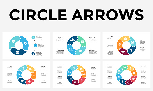 Vector circle arrows infographic, cycle diagram, graph, presentation chart. Business concept with 3, 4, 5, 6, 7, 8 options, parts, steps, processes