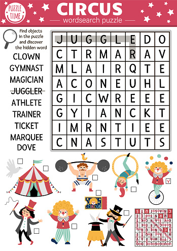 Vector circus wordsearch puzzle for kids. Simple amusement crossword with funny performers for children. Activity with clown, marquee, magician, athlete. Fairy tale cross word